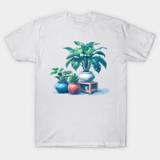 Pastel Houseplant Collection - Blue Border - Potted Plants T-Shirt